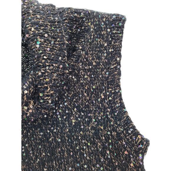 Kenar Black Gold Sequin Knit Cowl Collar Sleeveless Pullover Glam Sweater - Picture 7 of 12